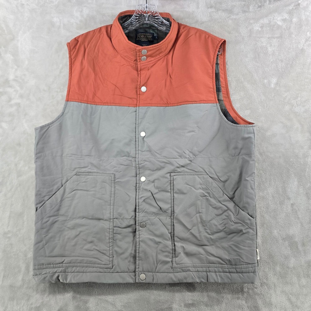 Pendleton Vest Men Large Orange Gray Colorblock Snap Front Padded Puffer